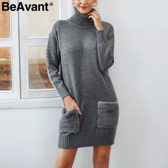 New Elegant Turtleneck Women Sweater Dress - Picture 2 of 8